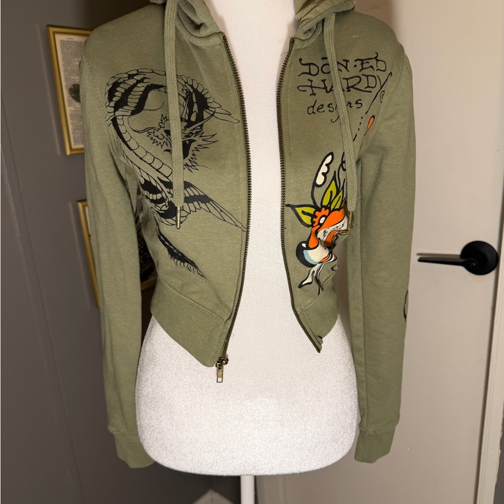 Ed Hardy Women's Olive‎ Bomber Jacket with Graphic Design